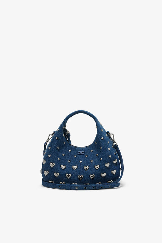 Navy Peony Denim Stud Mini Hobo Bag - GANNI