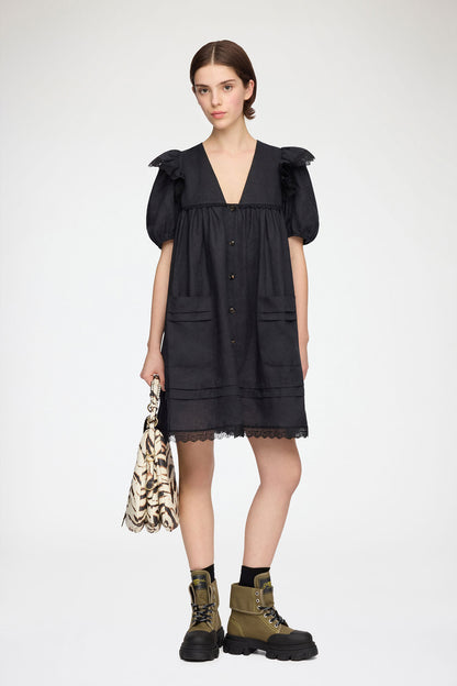 Mini Dress in Black Linen - GANNI