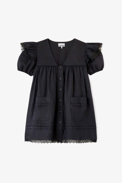 Mini Dress in Black Linen - GANNI