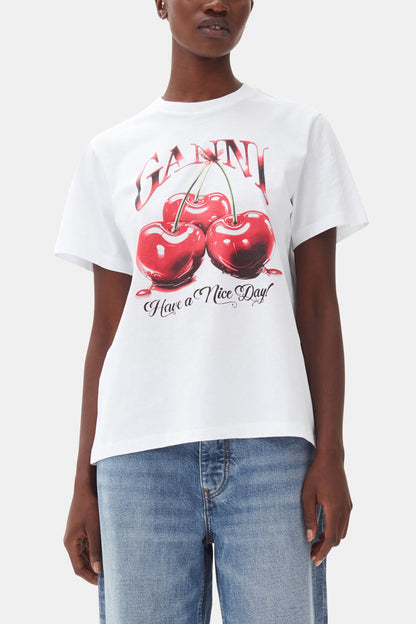 White Basic Jersey Cherry Relaxed T-shirt - GANNI