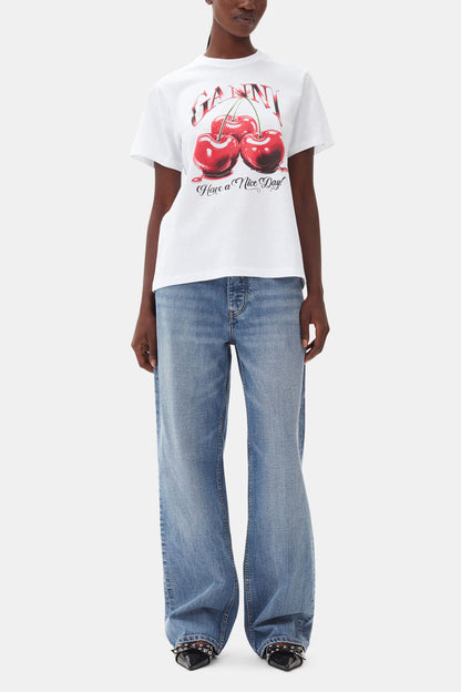 White Basic Jersey Cherry Relaxed T-shirt - GANNI