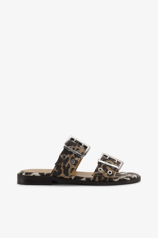 Leopard Denim Feminine Buckle Two-Strap Sandals - GANNI