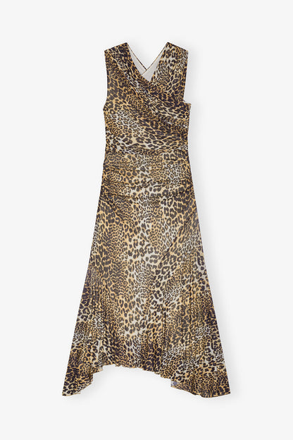 Leopard Marl Mesh Long Ruched Crossover Dress - GANNI