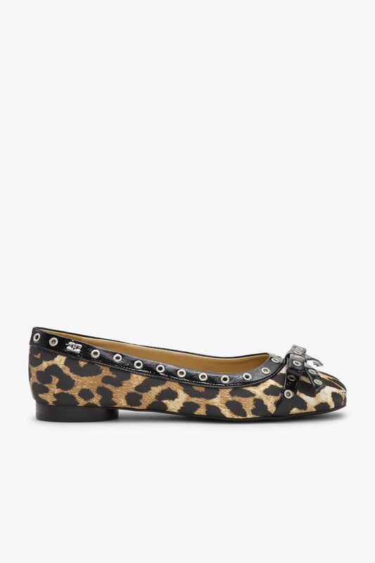 Leopard Eyelet Bow Ballerinas - GANNI