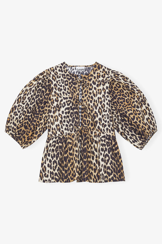 Leopard Cotton Poplin Peplum Tie Blouse - GANNI
