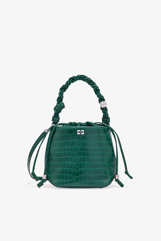Pineneedle Green Patent Croco Bou Bucket Bag - GANNI