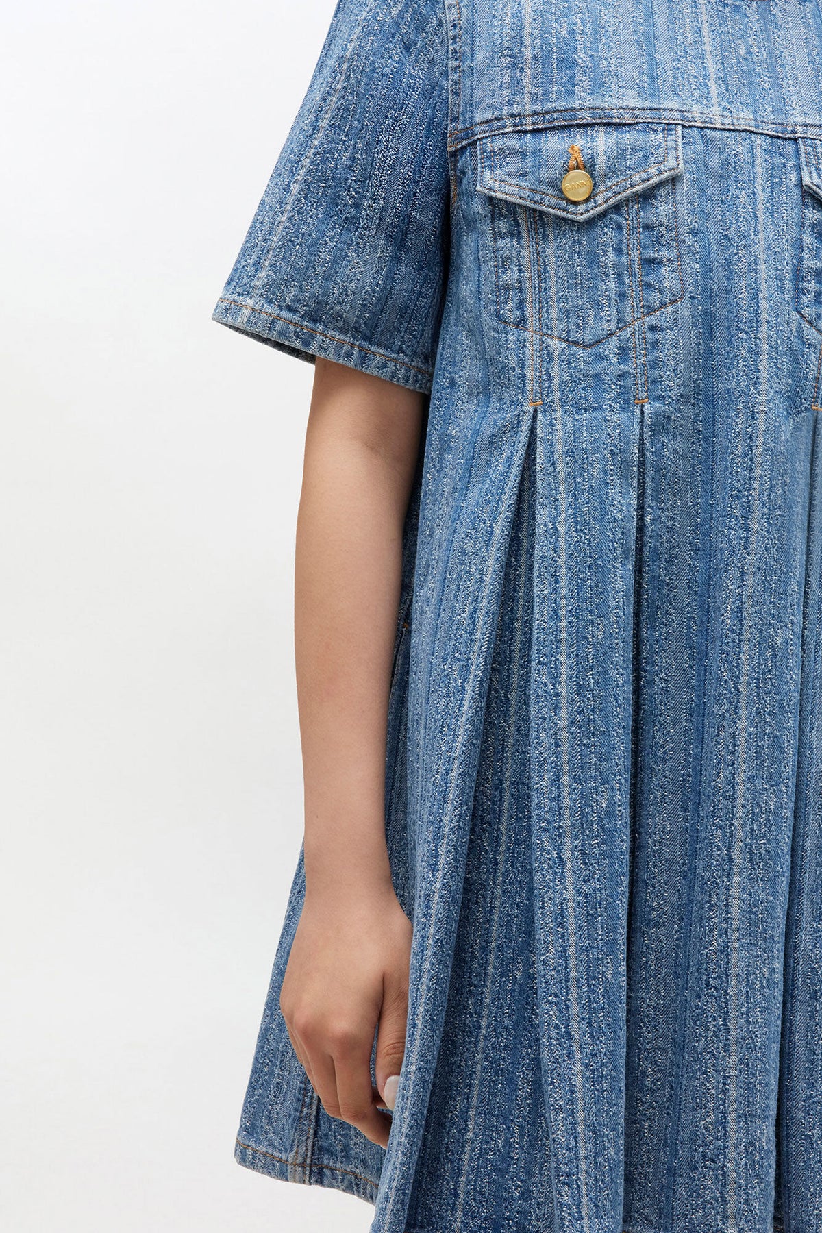 Striped Denim Pleated Dress - GANNI