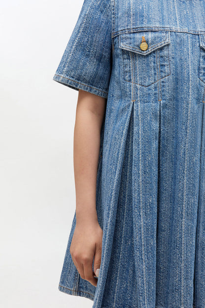 Striped Denim Pleated Dress - GANNI