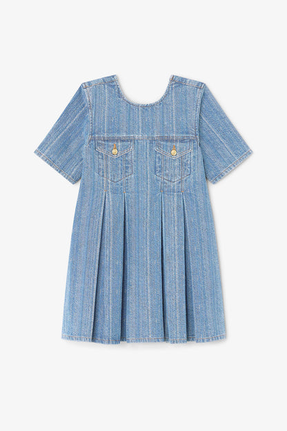 Striped Denim Pleated Dress - GANNI