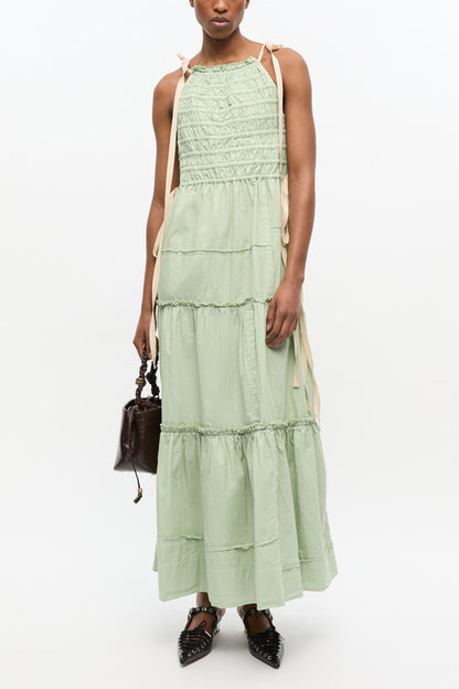 Light Green Smocked Tiered Dress - GANNI