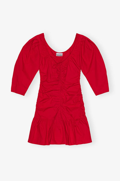 Red Cotton Poplin Gathered U-neck Mini Dress - GANNI