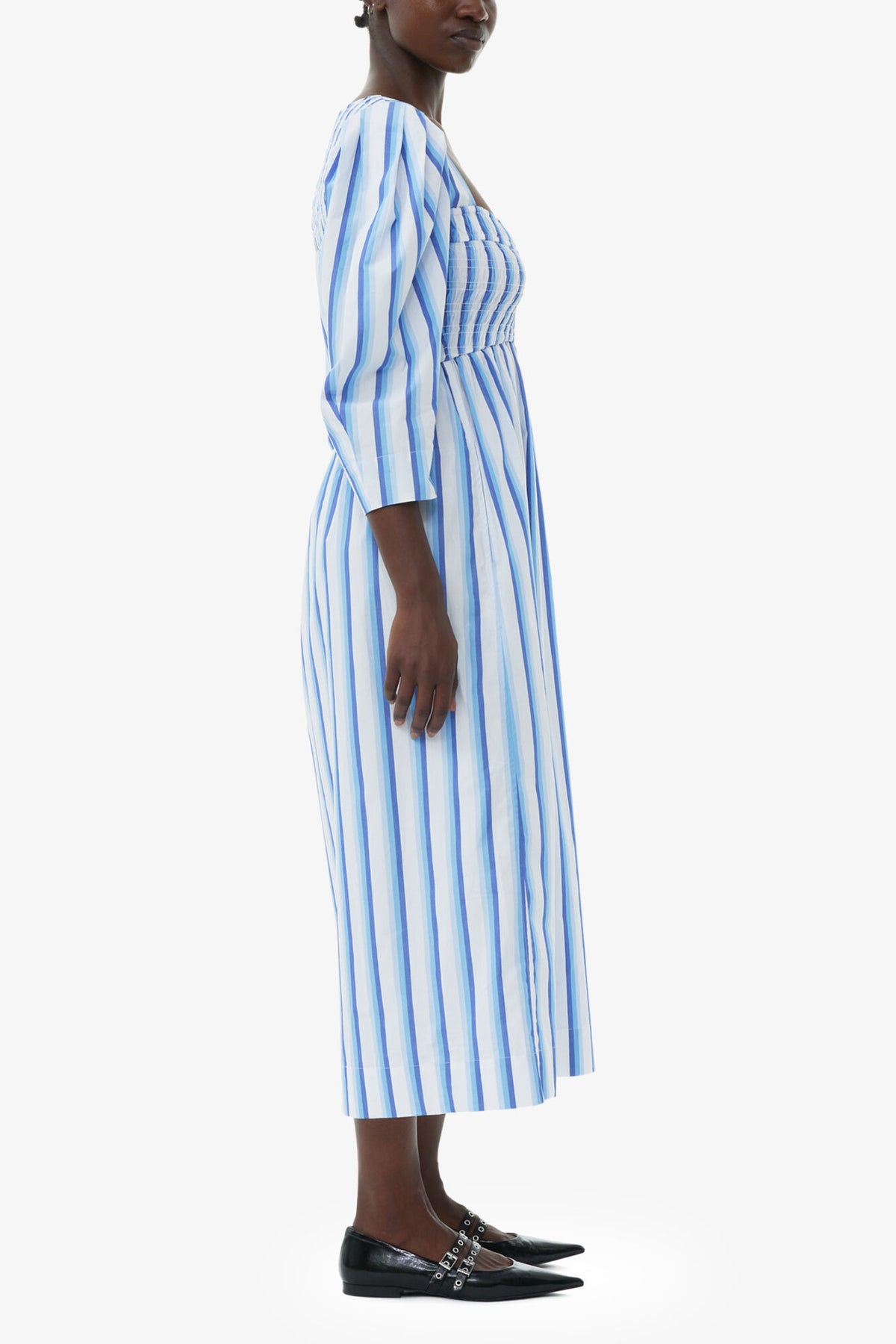 Blue Striped Cotton Smock Long Dress - GANNI