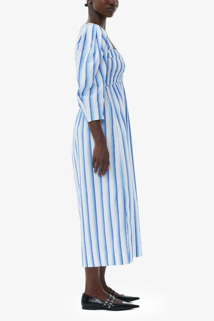 Blue Striped Cotton Smock Long Dress - GANNI