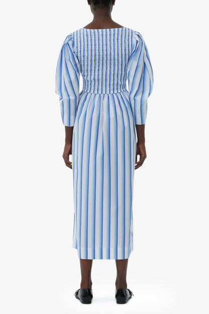 Blue Striped Cotton Smock Long Dress - GANNI