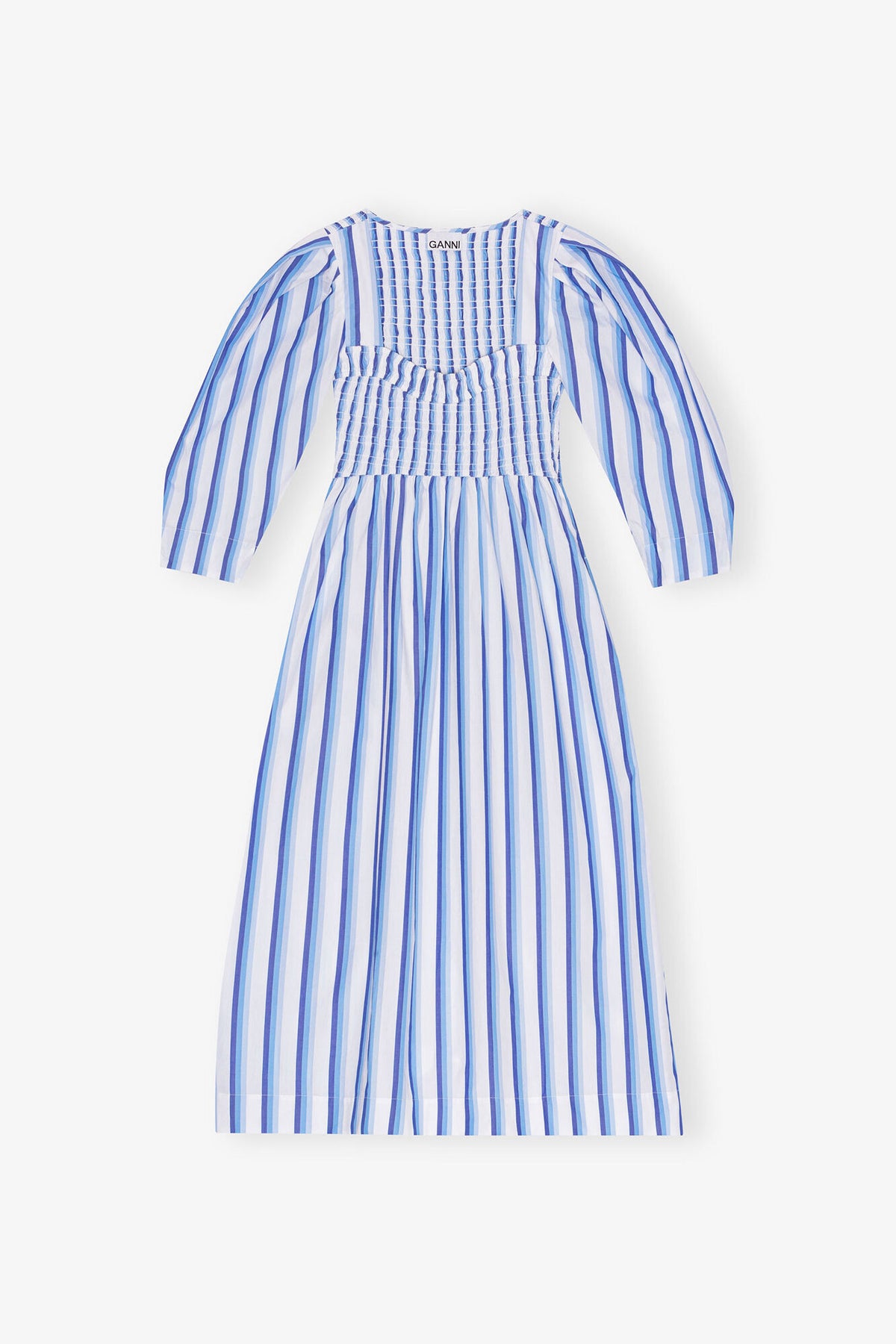 Blue Striped Cotton Smock Long Dress - GANNI