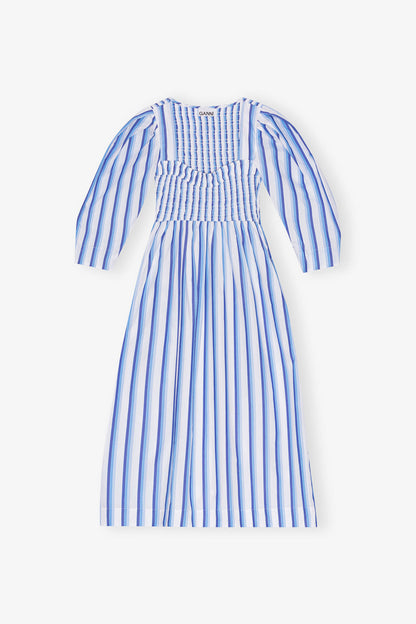Blue Striped Cotton Smock Long Dress - GANNI