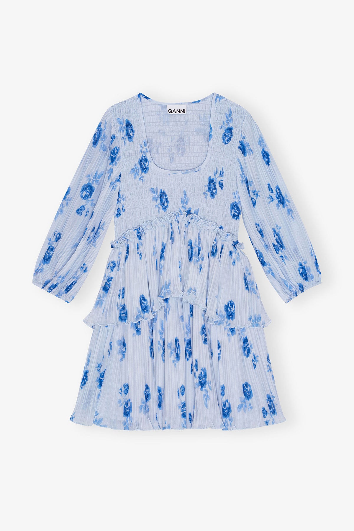 Blue Pleated Georgette Flounce Smock Mini Dress - GANNI