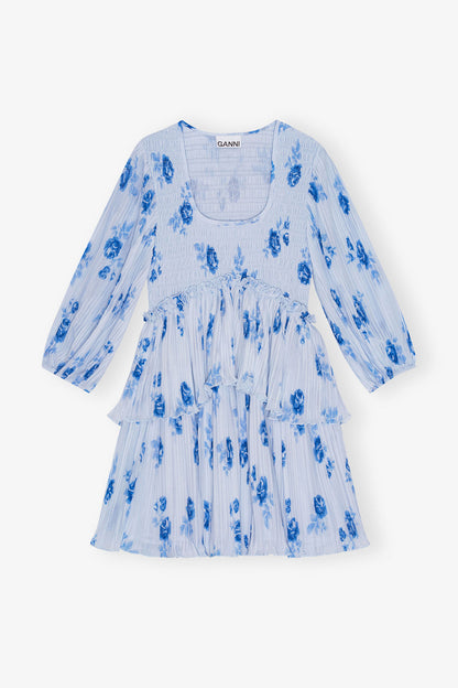 Blue Pleated Georgette Flounce Smock Mini Dress - GANNI