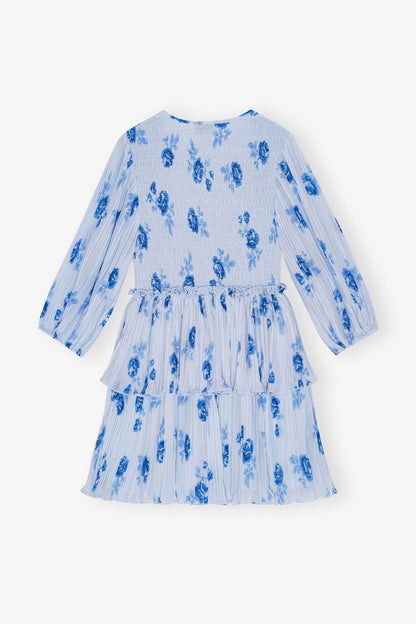 Blue Pleated Georgette Flounce Smock Mini Dress - GANNI