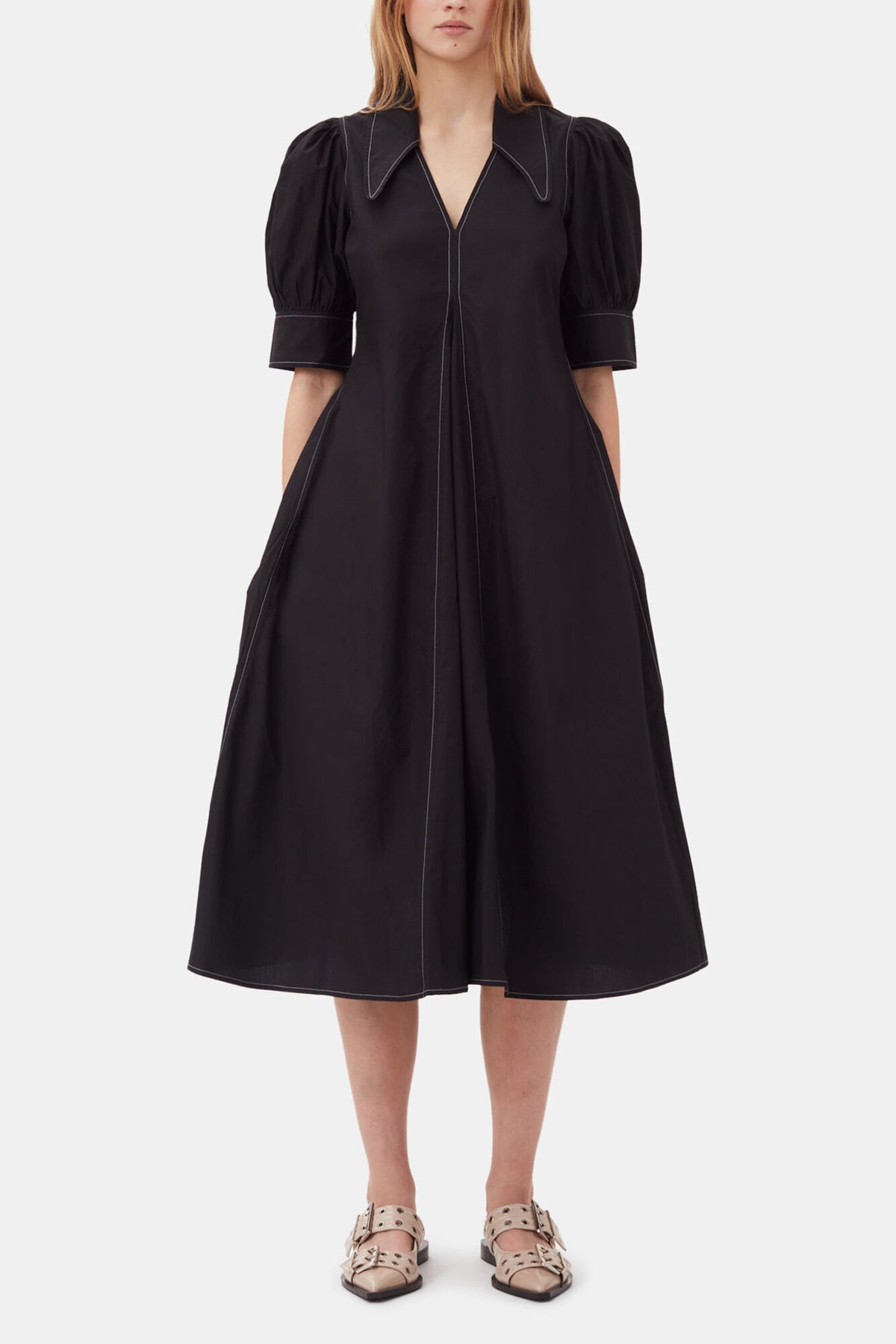 Cotton Poplin V-Neck Midi Dress - GANNI