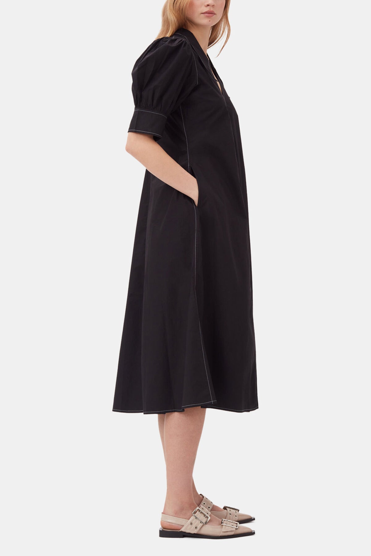 Cotton Poplin V-Neck Midi Dress - GANNI