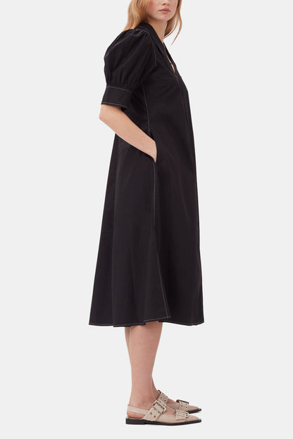 Cotton Poplin V-Neck Midi Dress - GANNI