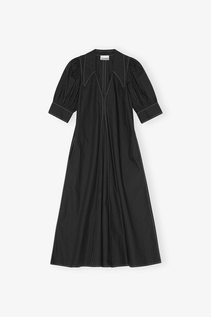 Cotton Poplin V-Neck Midi Dress - GANNI
