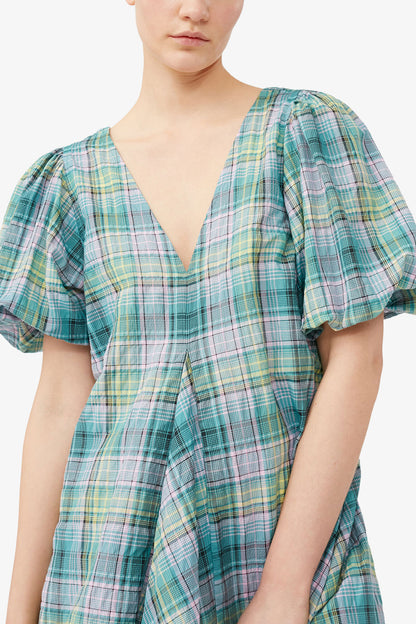 Seersucker Check V-Neck Mini Dress - GANNI