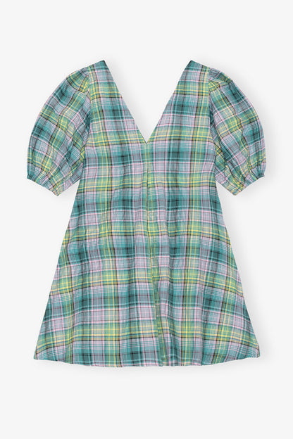 Seersucker Check V-Neck Mini Dress - GANNI