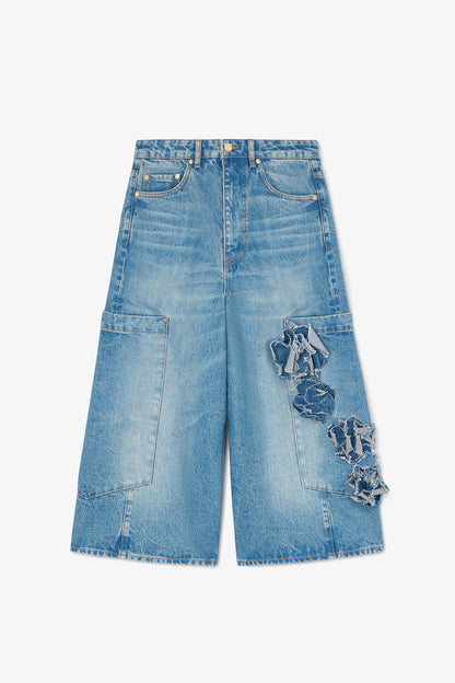 Baggy Cropped Jeans in Flower Print Denim - GANNI