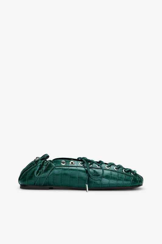 Lace-Up Ballerinas in Green Croco - GANNI
