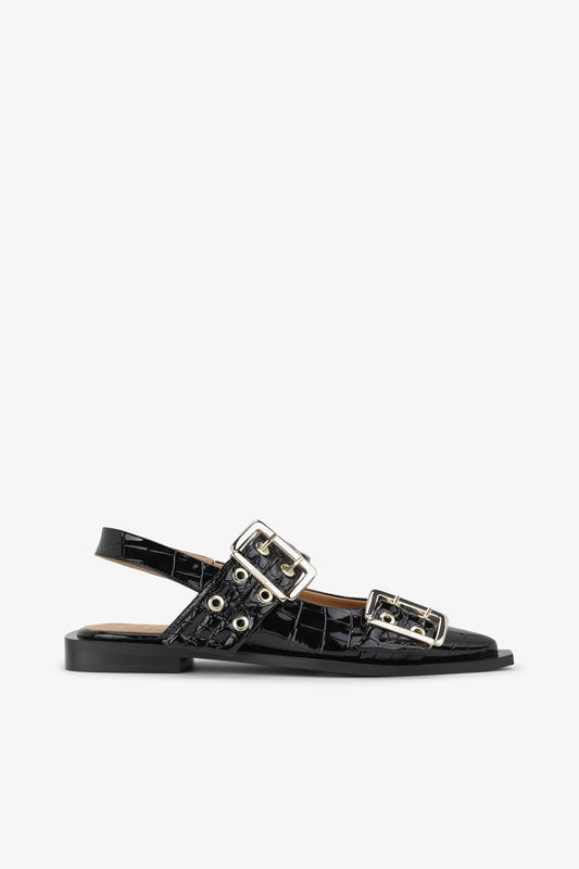 Feminine Buckle Ballerinas in Black Croco Patent - GANNI