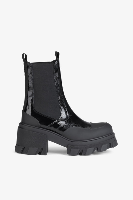 Cleated Heeled Mid Chelsea Boots in Black Naplack - GANNI