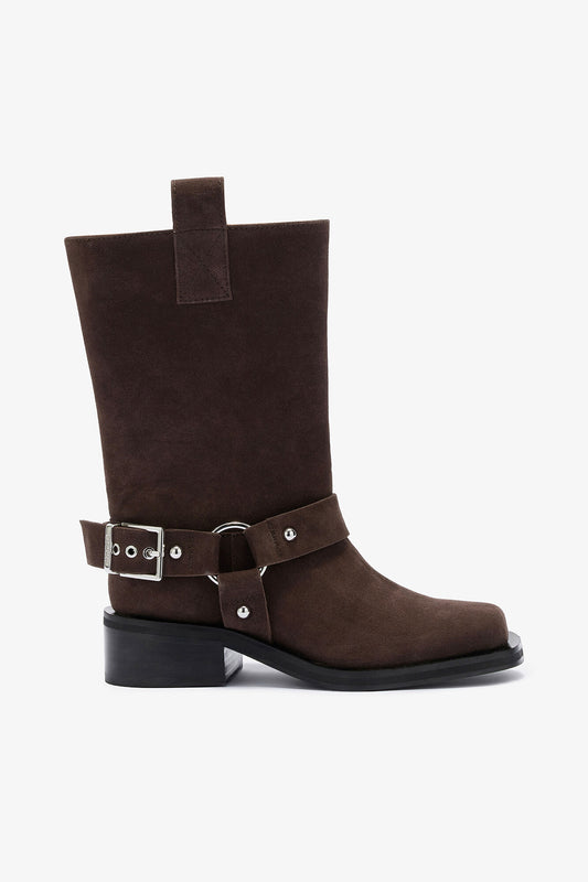 Mid Shaft Biker Boot in Brown Suede - GANNI