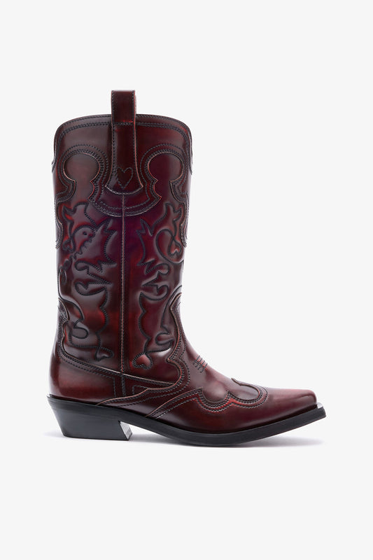 Mid Shaft Embroidered Western Boots in Burgundy - GANNI