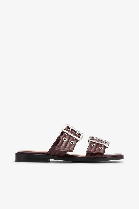 Feminine Buckle Two-Strap Sandals in Burgundy - GANNI