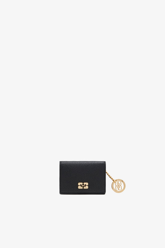 Black Card Holder With Flap in Grained Black with Gold - GANNI