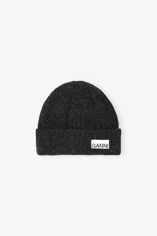 Phantom Dark Grey Fitted Wool Rib Knit Beanie - GANNI