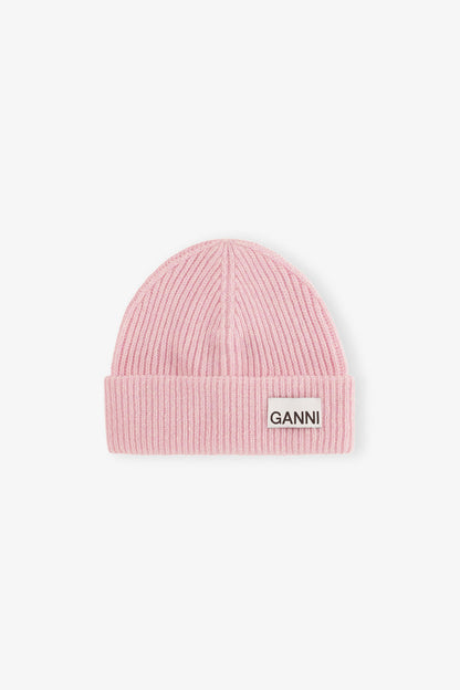 Mauve Chalk Light Pink Fitted Rib Knit Wool Beanie - GANNI